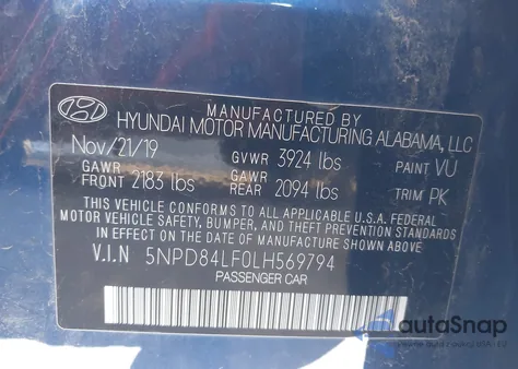 2020 Hyundai Elantra Sel z USA, uszkodzony, nr VIN 5NPD84LF0LH569794